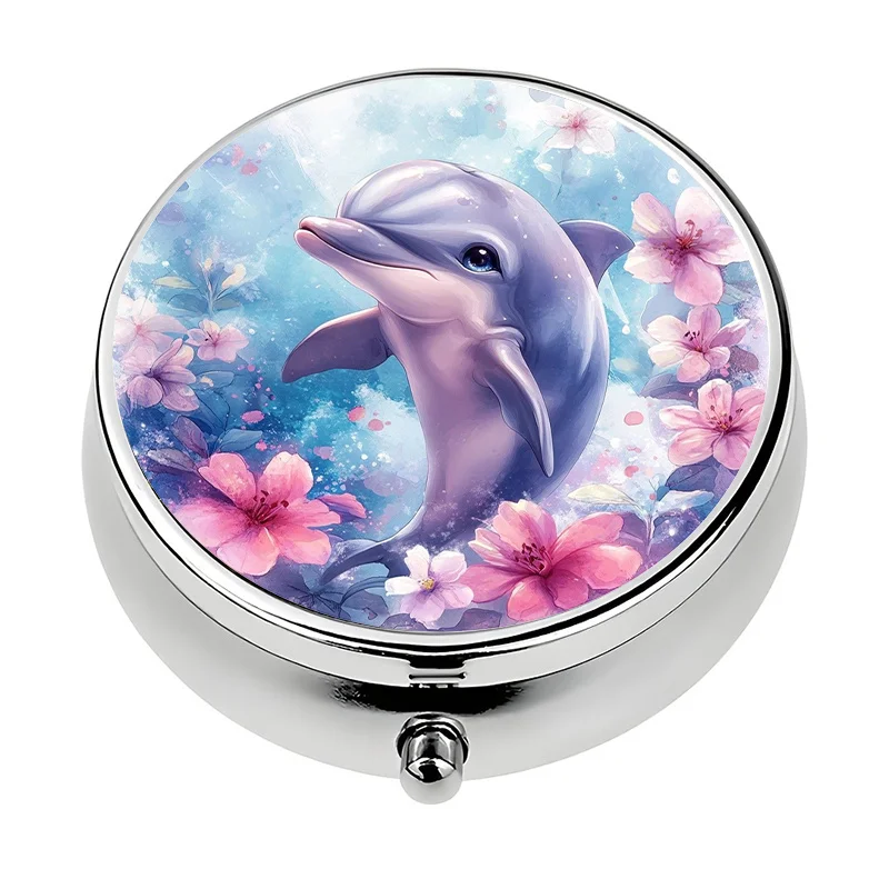 1-piece pill box, 3 compartments with cute dolphin and pink flower theme, mini pill box, medication storage box, unique gift for travel