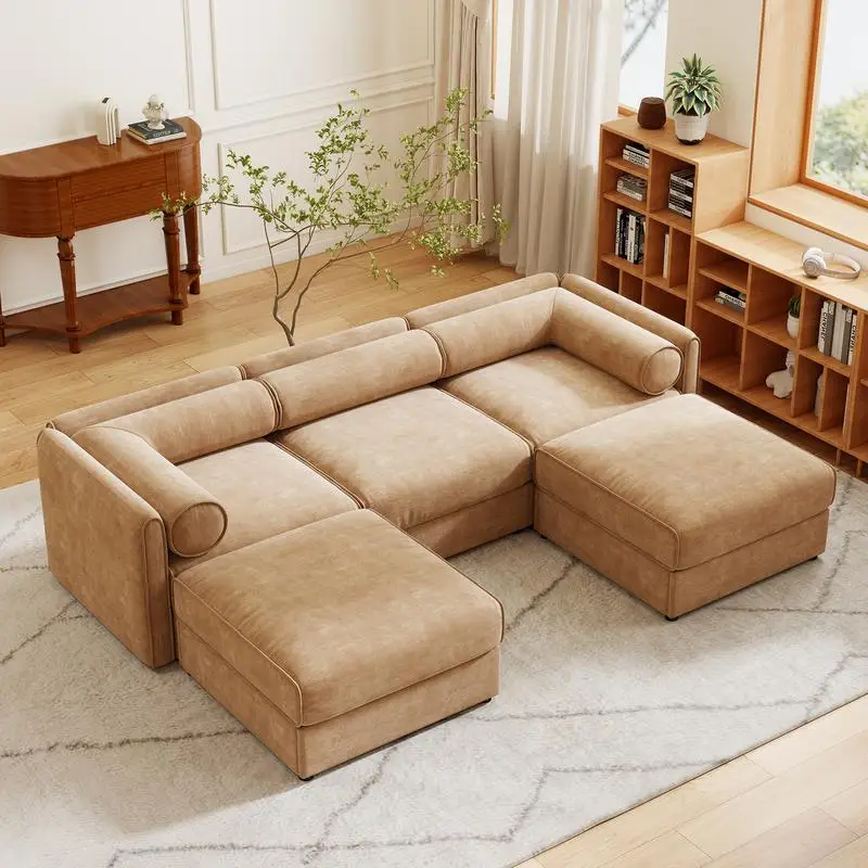 

Elegant Camel Chenille Sofa with Storage Seat and Ottoman, U-Shaped 3-Seater with Cylindrical Backrest and Armrests,