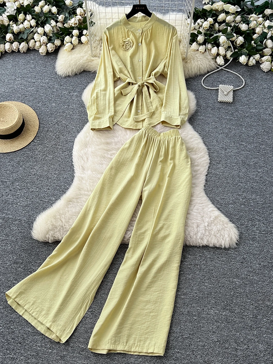 

Casual Floral Long Sleeve Shirt And High Waist Wide Leg Pants Set for Women Elegant Tied Design Four Seasons Fashion Outfit