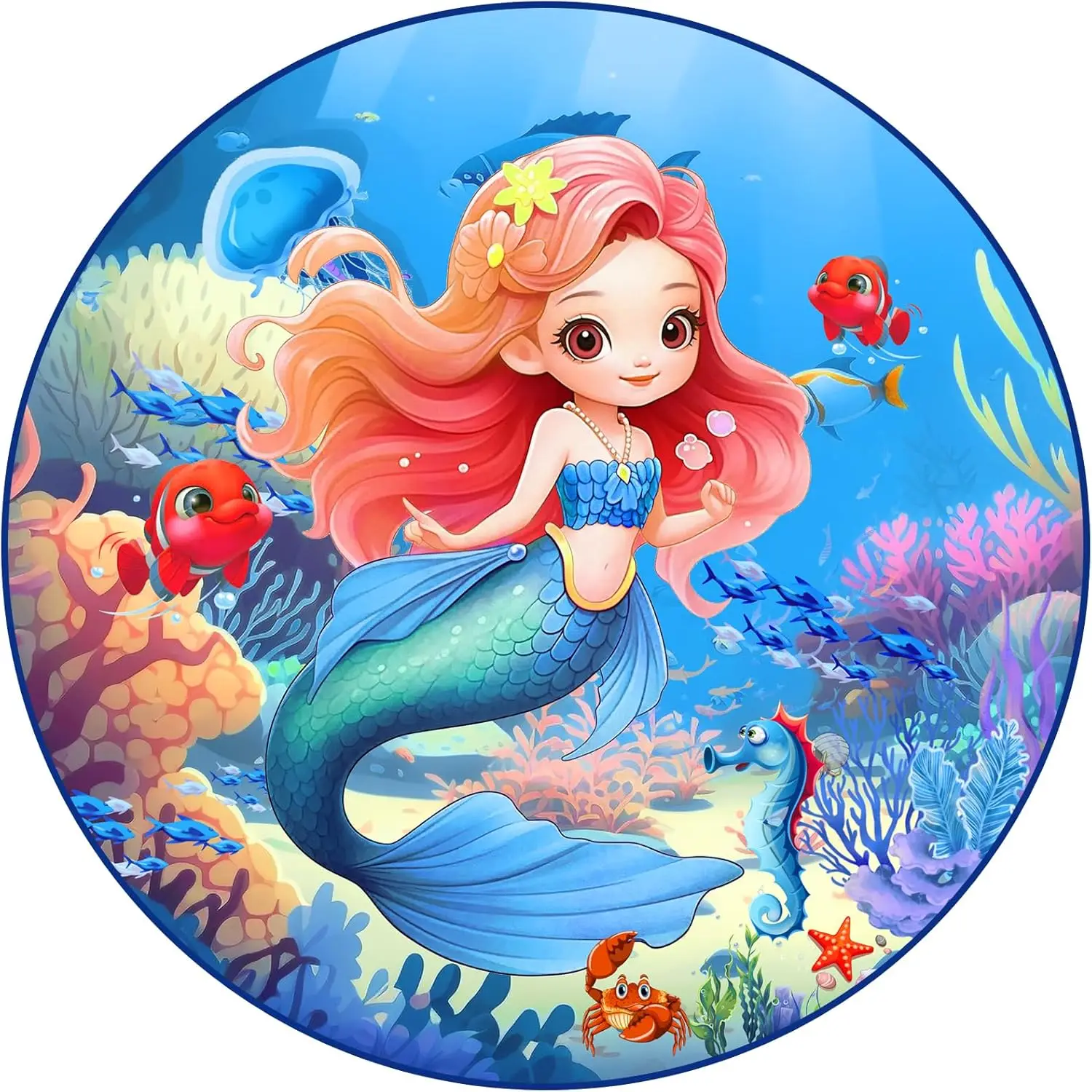 

Круглый коврик с изображением подводного мира: яркий коралловый риф и дружелюбные морские обитатели для детской комнаты