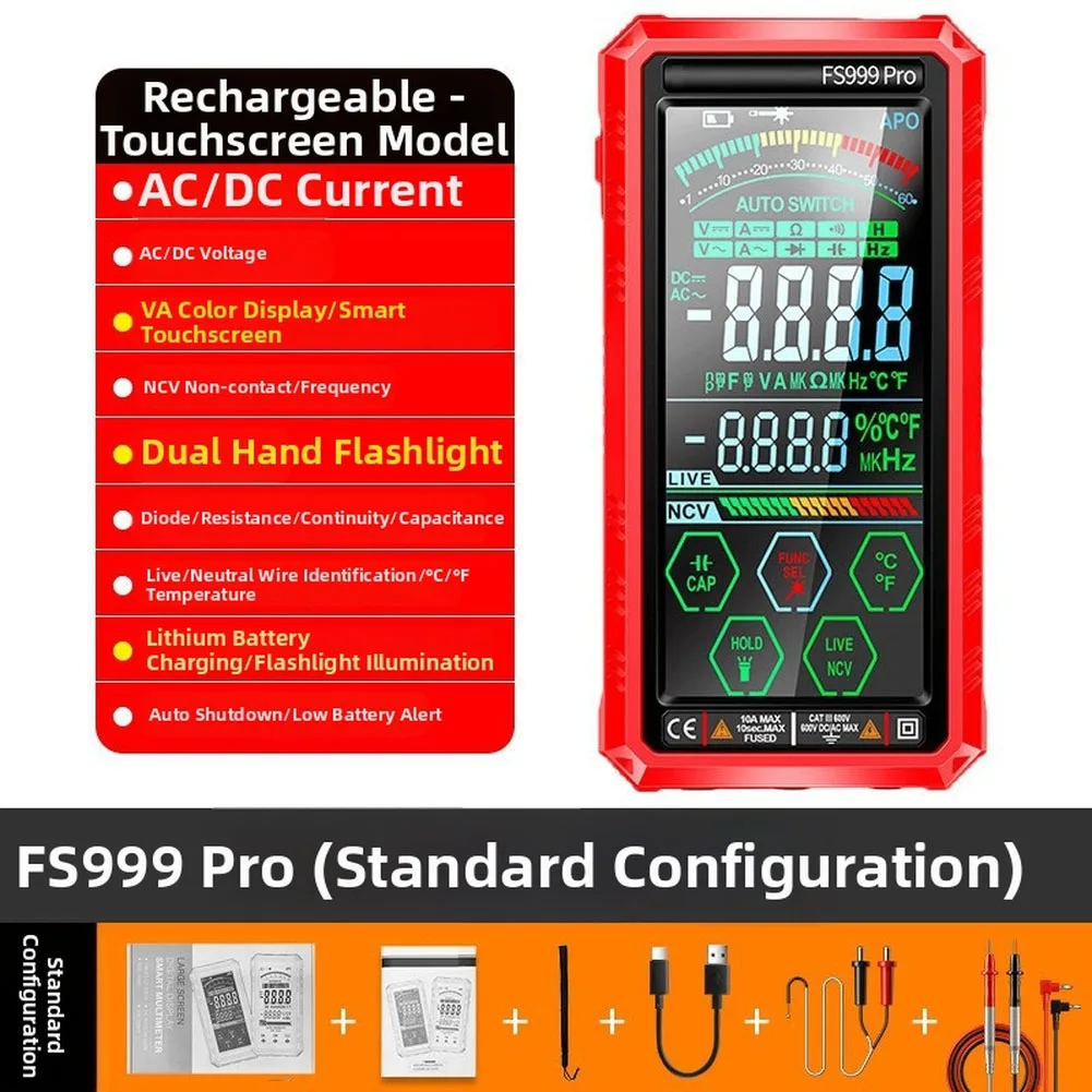 1Pc Red Smart Auto-Ranging Digital Multimeter 6000 Counts USB-C Rechargeable Electrical Tester For Home Automotive DIY