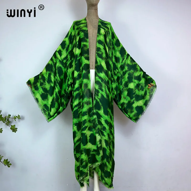 Winyi Kimono Sommer Leoparden muster Vestidos Bikini Vertuschung elegante Strickjacke sexy Urlaub Maxi Strand Badeanzug Abend Party kleid