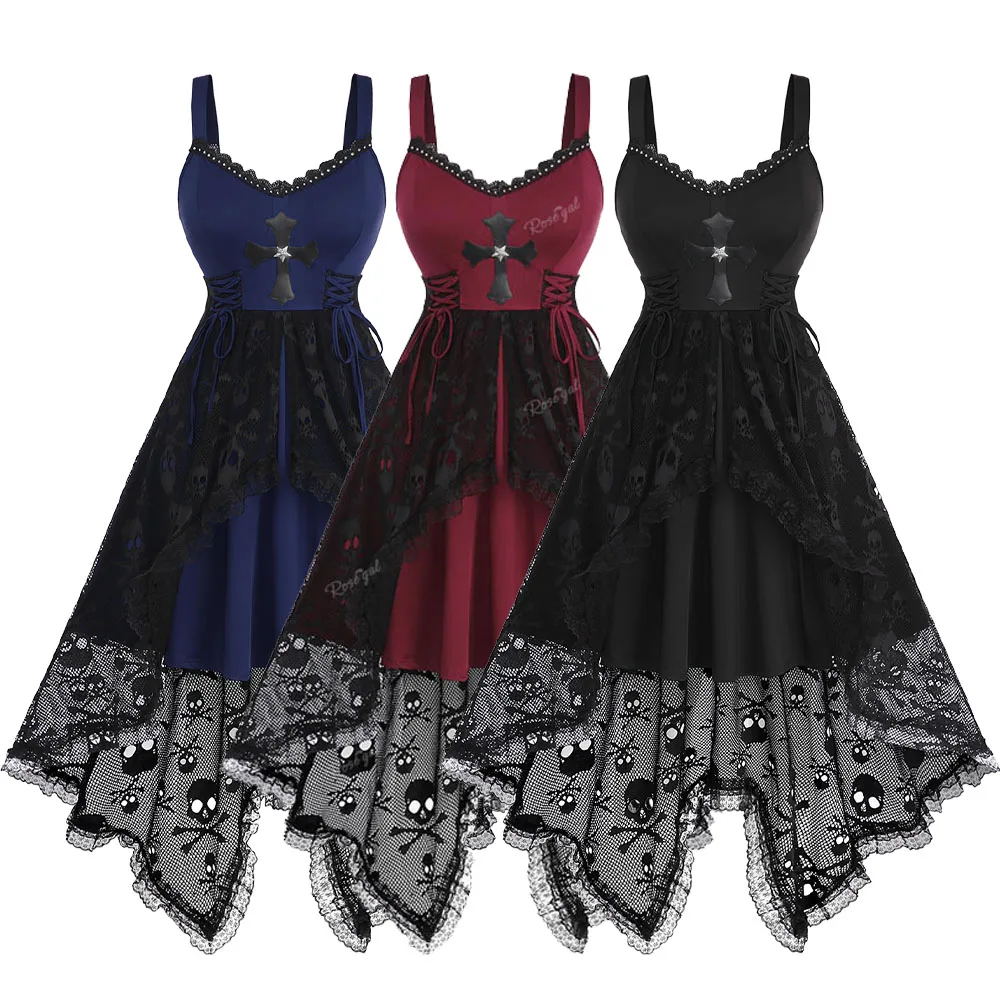 Sukienki punkowe plus size dla kobiet, gotyckie, sznurowane, z PU, z krzyżowymi czaszkami, z koronkowymi wstawkami, asymetryczne, midi z asymetrycznym dołem, z nitami i paskami, rozmiar 5X