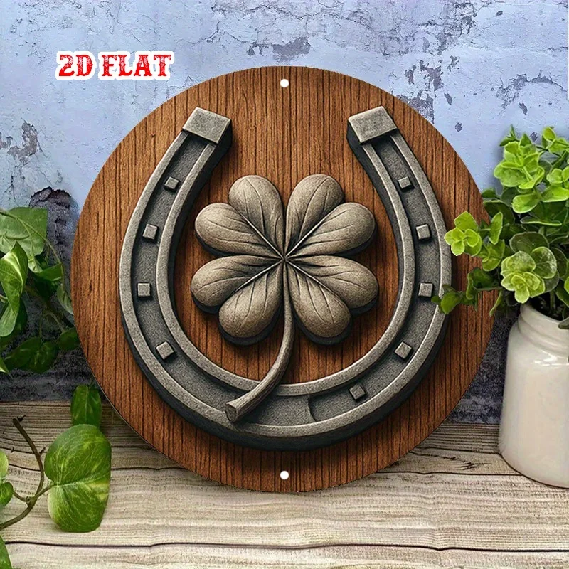 2DLucky Horseshoe Round Wooden Disc Four-Leaf Clover Irish Good Luck Symbol Sign Home Garage Cafe Retro Country Style Decor Gift