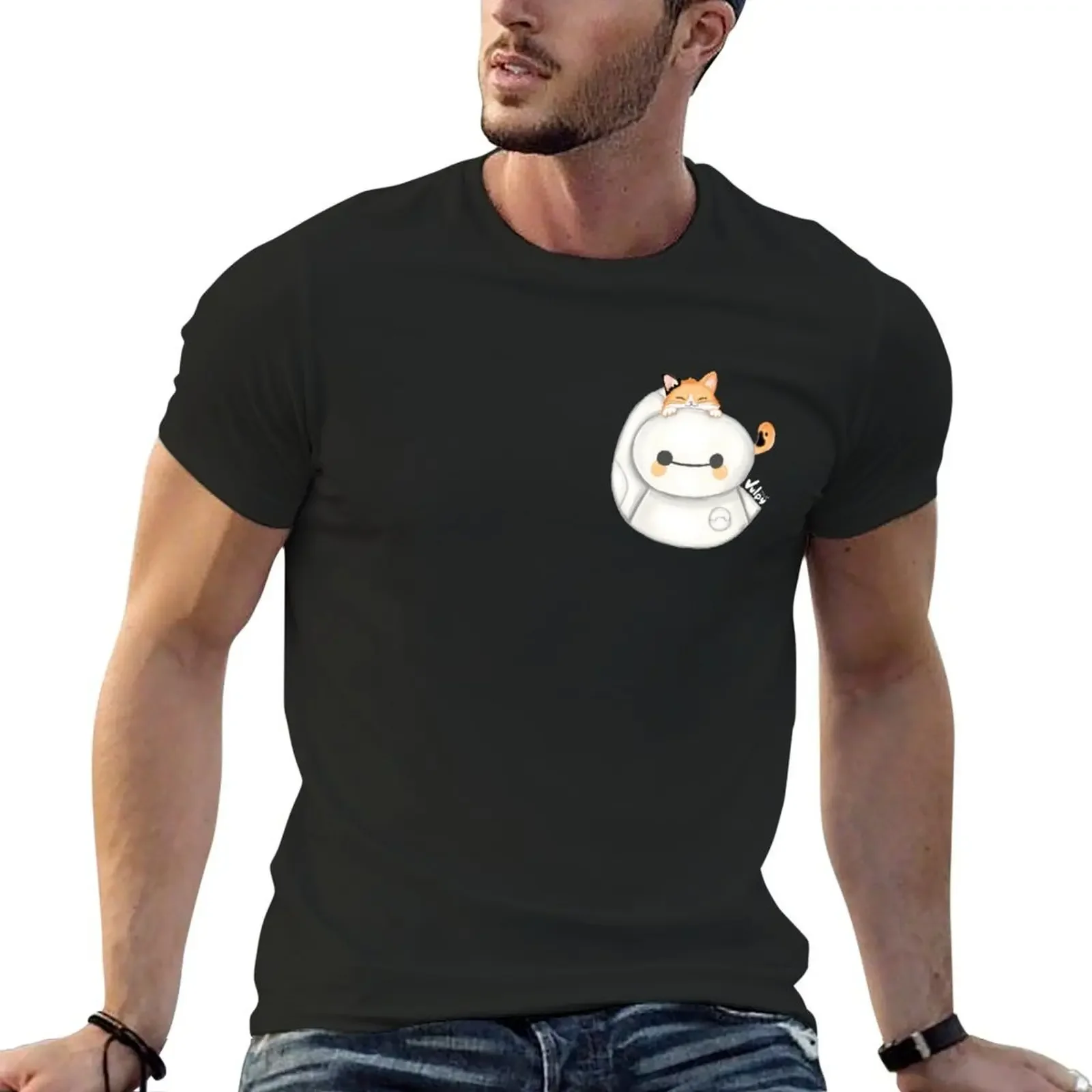 Cute White Robot with a Cat T-Shirt graphic tee shirt customizeds men clothings