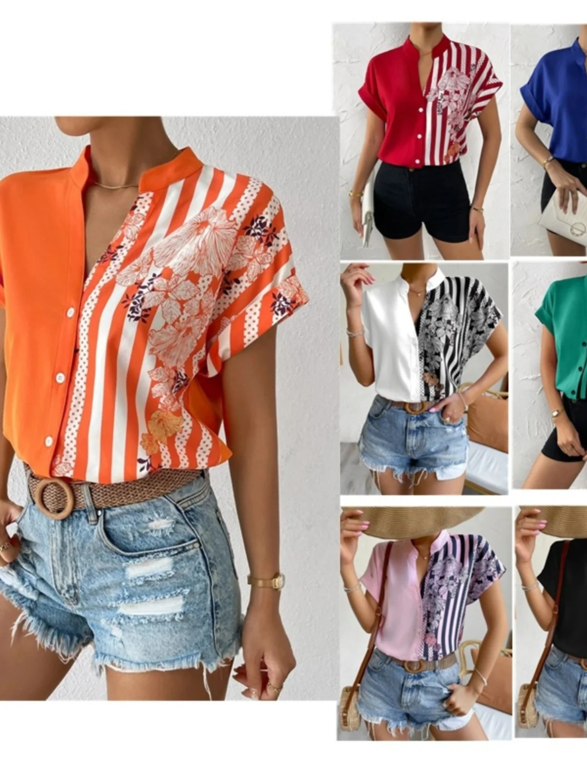 

Summer Casual Double Cardigan Button up irt Women's Printed Slim Fit Floral Polyester ort Sve V-Ne Regular Length