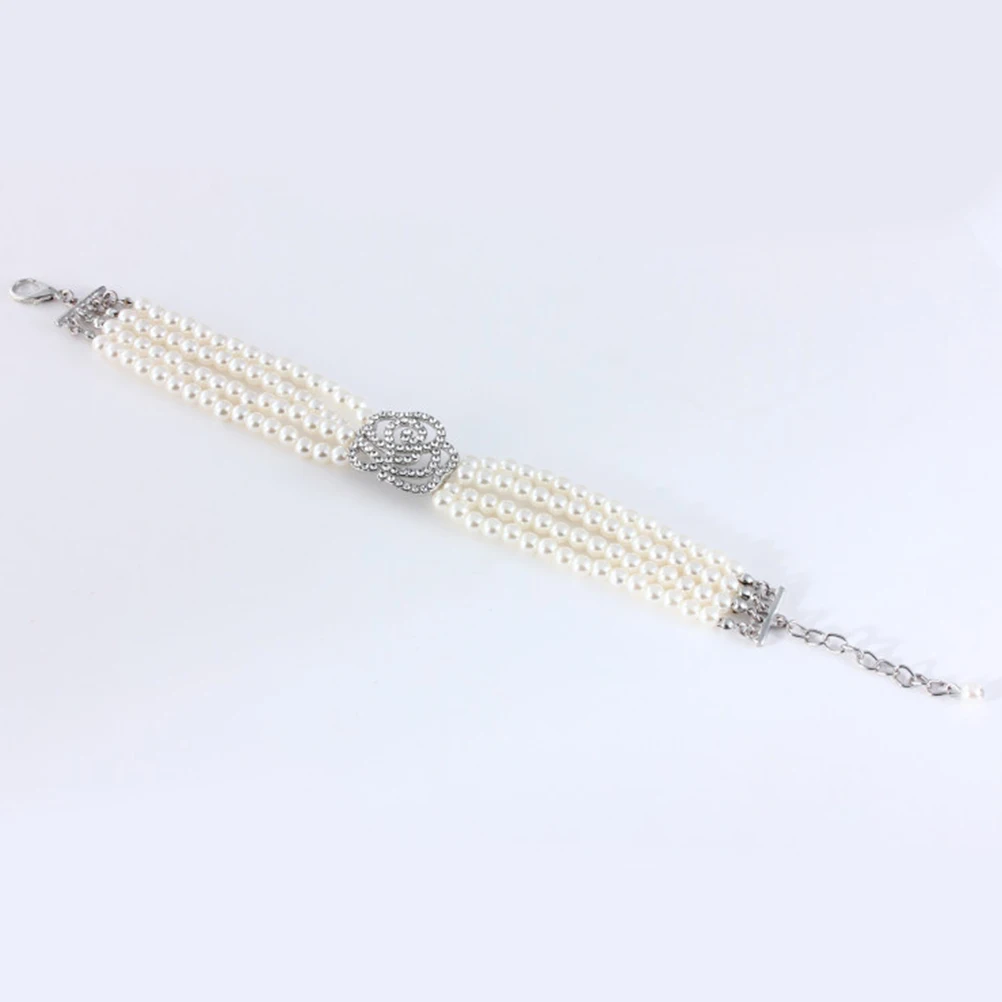 

4 Rows Adjustable Pearl Imitation Zinc Alloy Rose Decor For Dogs Cats Small Pets Size Necklace Pet Pearl