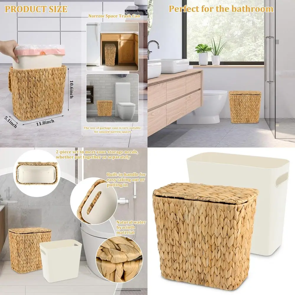 

Wicker Trash Can with Lid and Liner, Handwoven Wicker Waste Basket, Water Hyacinth Bathroom Trash Can, Boho Rattan Garbage Waste