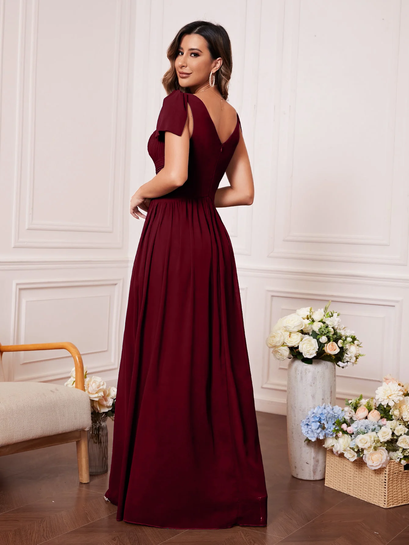 Unithorse V-Neck Pleated Short Sleeve Chiffon Elegant Long Formal Bridesmaid Dress