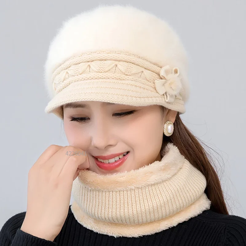 

Hot Women Winter Hat Keep Warm Cap Add Fur Lined Hat And Scarf Set Warm Hats For Female Casual Rabbit Fur Winter Knitted Hat