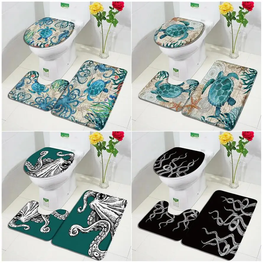 Octopus Sea Turtle Bath Mats Set Marine Animals Water Grass Retro Map Creative Bathroom Decor Door Rugs Non-slip Toilet Lid Mat