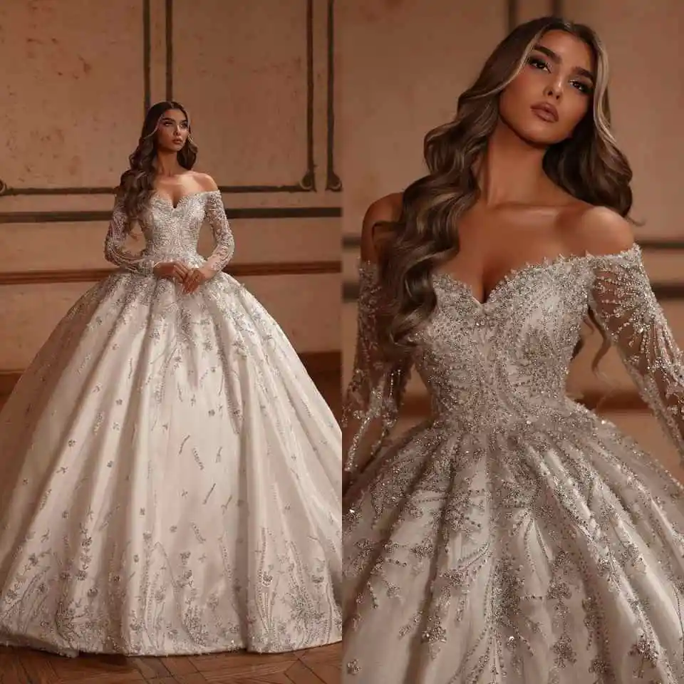 

Luxury Long Sleeve Beading Ball Gown Wedding Dress Crystal Sequined Wedding Dresses Sweep Train Customized Bridal Gowns