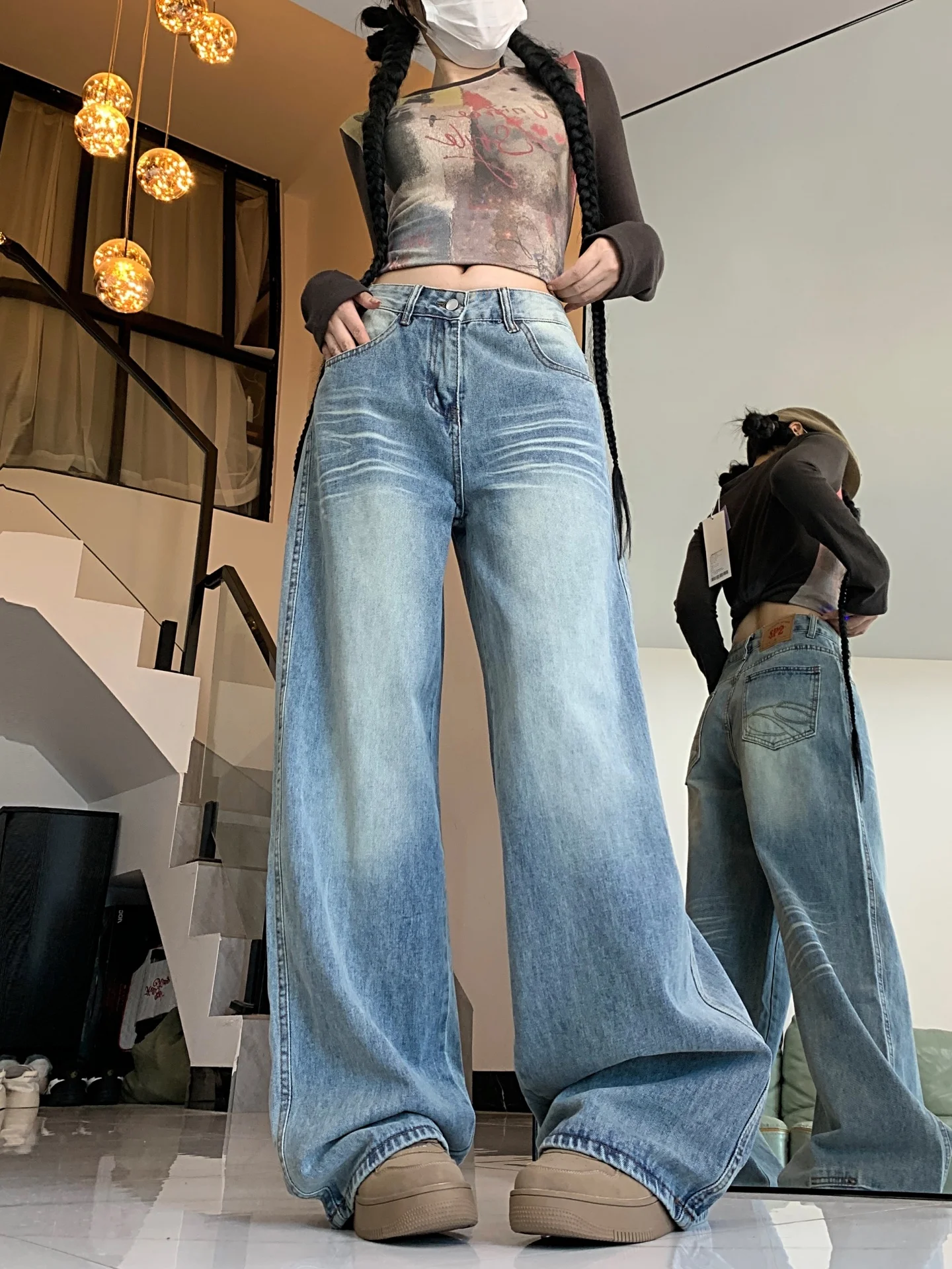 Celana Jeans Denim Retro Amerika Pinggang Tinggi Model Lurus dan Lebar untuk Wanita Ukuran Plus, Longgar, Meniruskan, Celana Musim Gugur