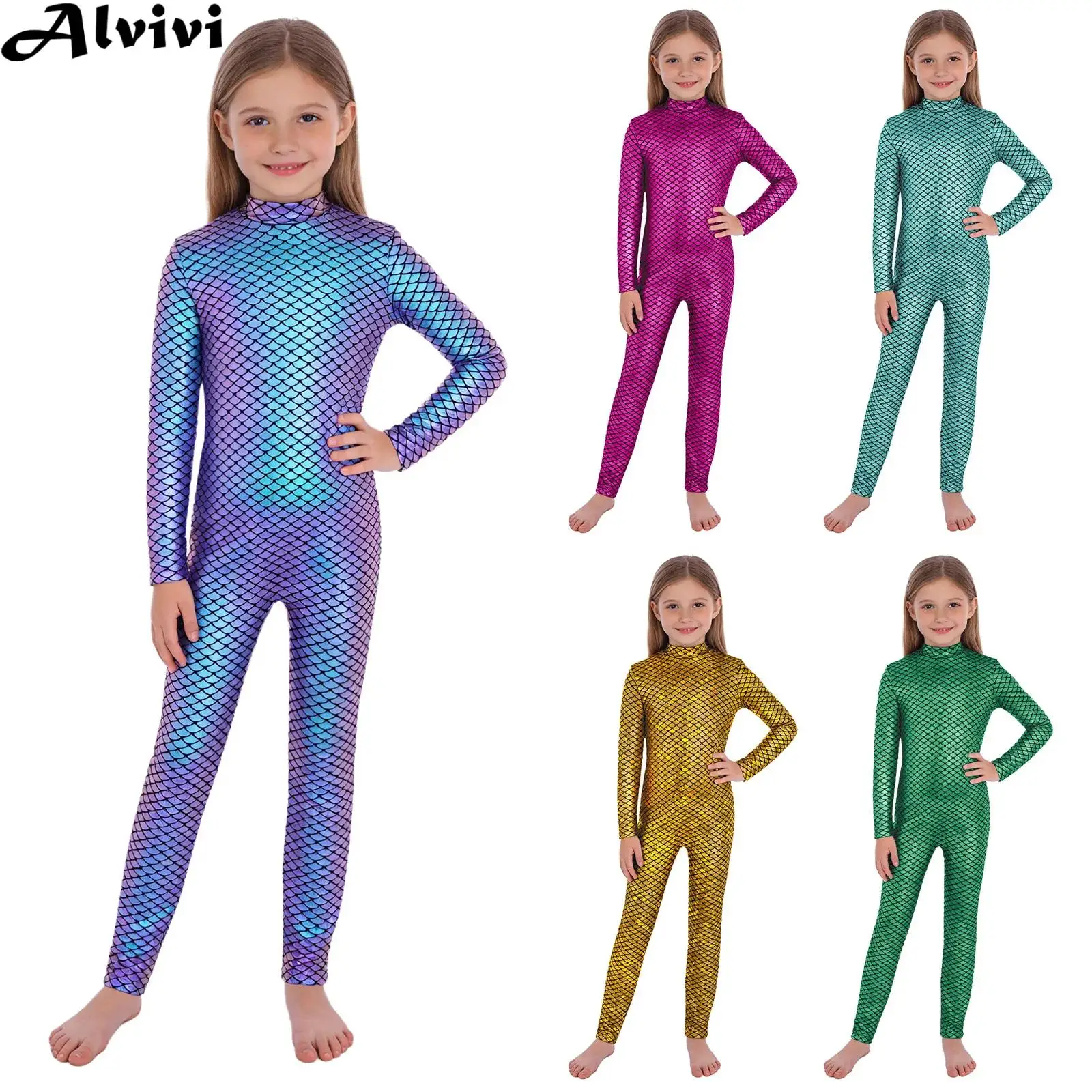 Girls Long Sleeve Metallic Fish Scale Zipper Gymnastics Skating Ballet Dance Leotard Halloween Carnival Mermaid Dress Up Costume