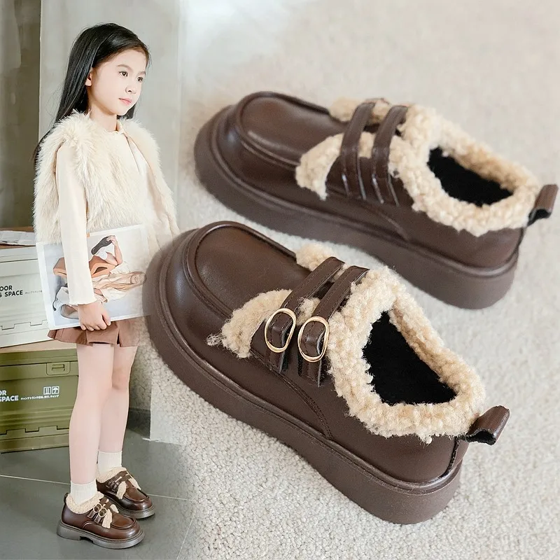 2025 Children's Cotton Shoes Winter New Black Boys' and Girls' Leather Shoes Khaki Cushion Thickened Soft Children's Shoes