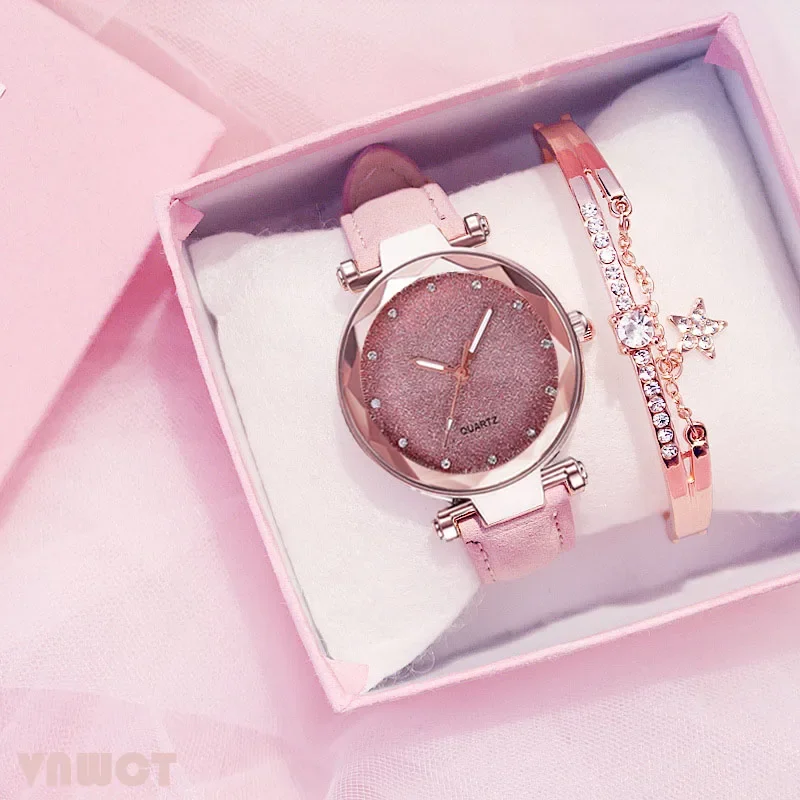 Montre Ciel Étoilé Romantique pour Femme, Décontractée, Bracelet en Cuir, Strass, Styliste, Horloge, Robe Simple, Cadeau