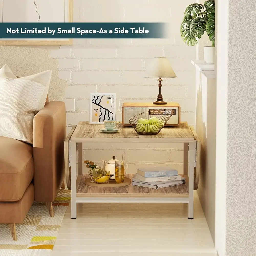 طاولة قهوة قابلة للتوسيع بطبقتين مع مساحة تخزين، لمسة نهائية من خشب البلوط الأبيض، مناسبة لمختلف أماكن المعيشة #5