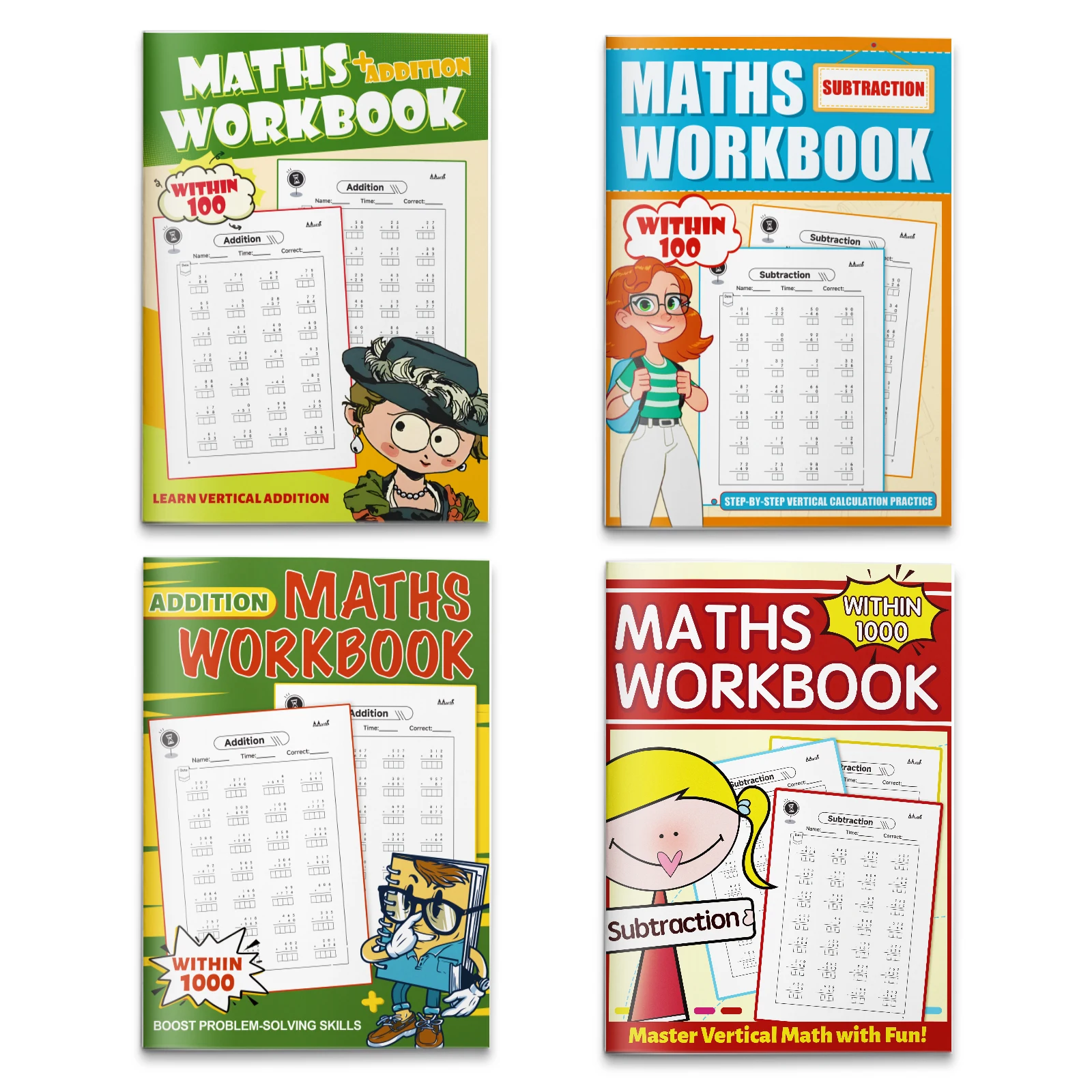 4PCS Maths Workbook Set for Kids – Addition & Subtraction Practice Within 100/1000, Vertical Math Training Books