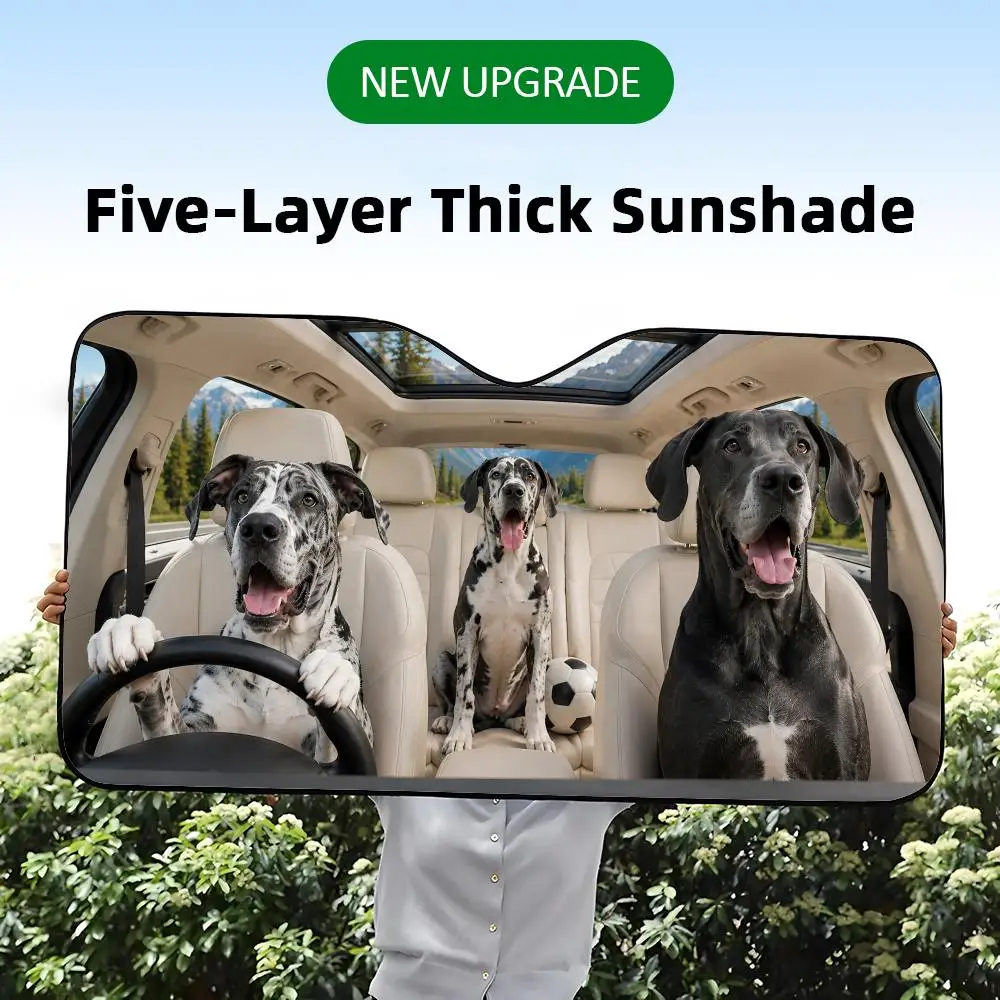 A five-layer thick car windshield sunshade with a funny graphic print of Great Dane dogs throwing a soccer party.
