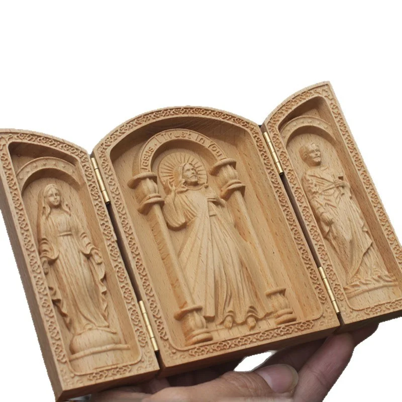 Catholic Wooden Triptych Shrine Box Carved Jesus Virgin Mary Saint Figurine Foldable Religious Prayer Altar Desktop Decoration