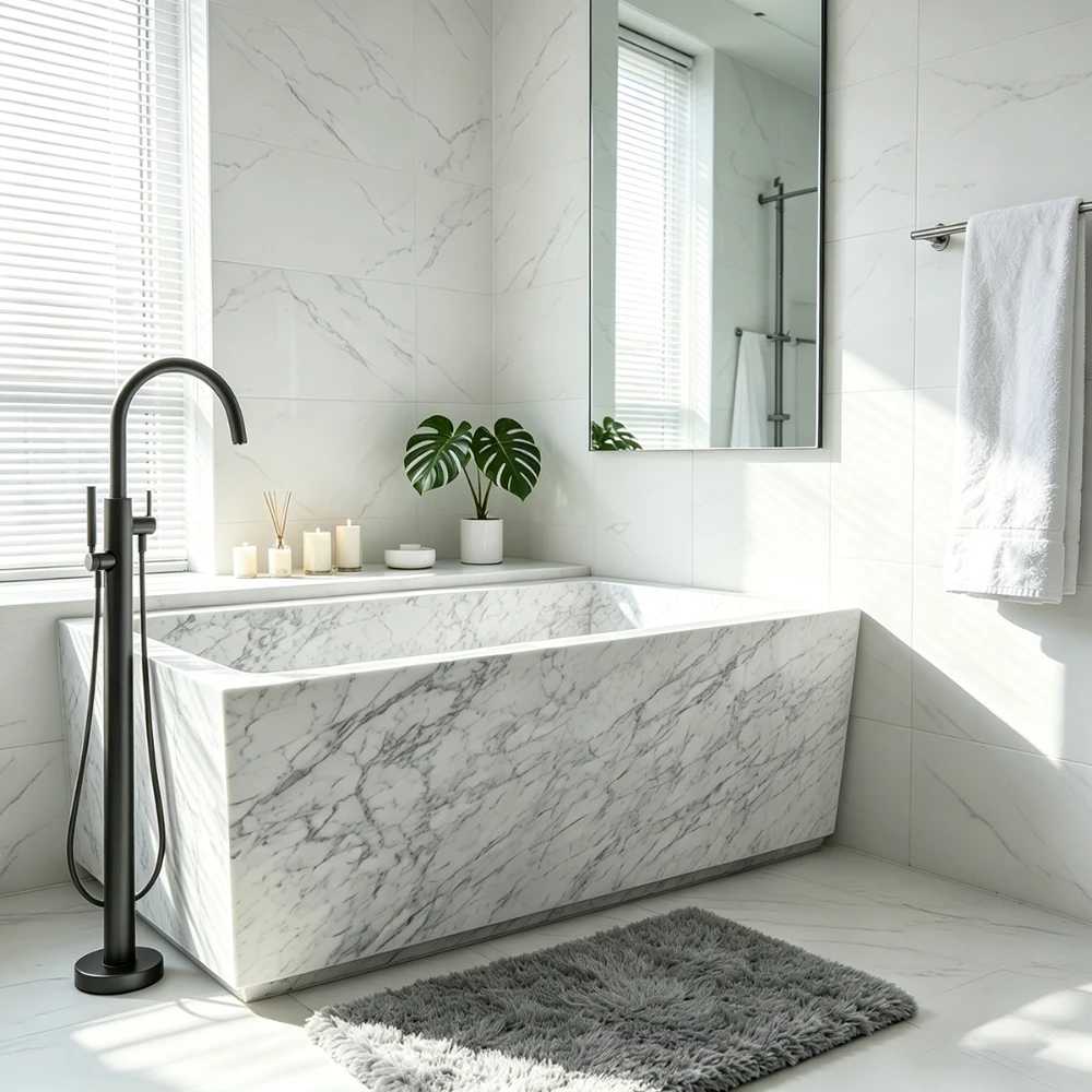 #￥Modern White Carrara Marble Freestanding Bathtub Polished Rectangle Soaking Tub Handmade for Villa Bathroom