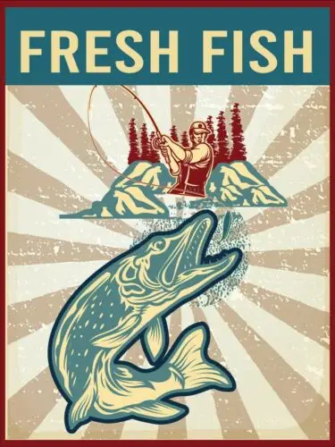 Винтажный металлический знак в стиле ретро с изображением свежей рыбы