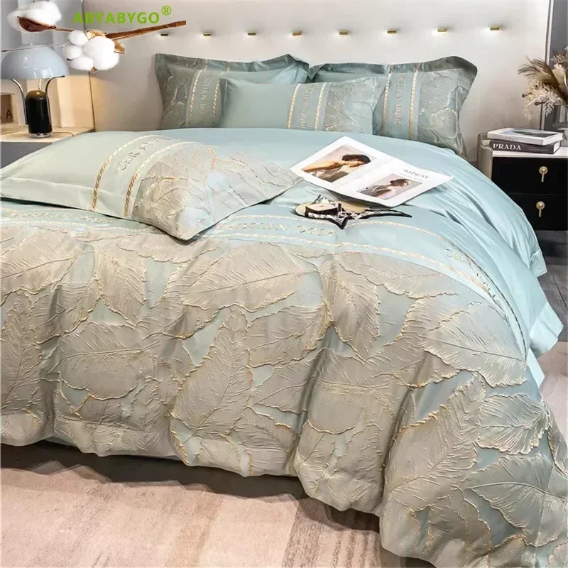 

Bedding Set Luxury Egyptian Cotton Leaf Embroidery Duvet Cover Set Bed Sheets and Pillowcases 600TC Cotton King Size Bedding Set