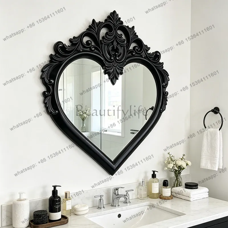 French retro love makeup mirror medieval art carved special-shaped home bathroom entrance wall decorative mirror