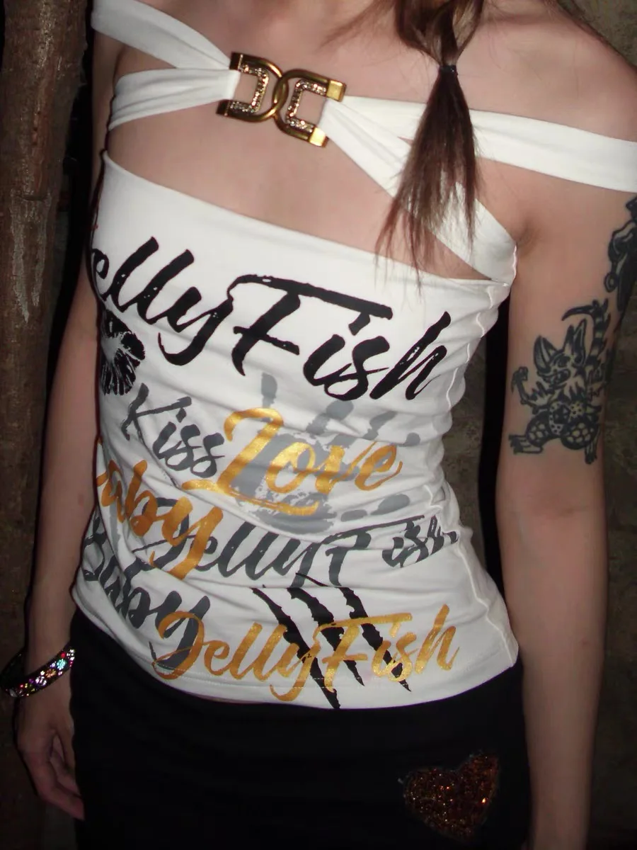 Street Sle Y2K Millennium Punk Letter Print Button down Crop Top Women Slim Fit Sexy Vest ort Length Other Material