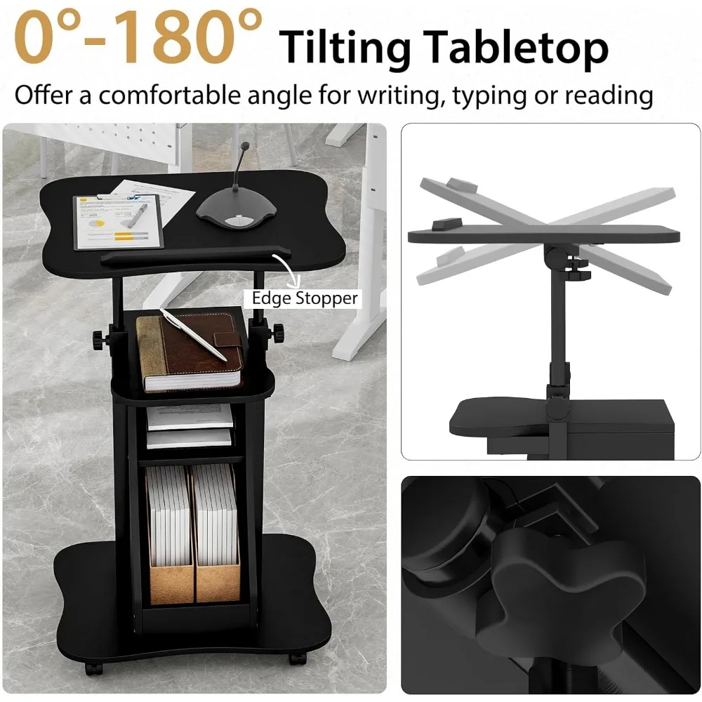 عربة كمبيوتر محمول قابلة لضبط الارتفاع مع سطح طاولة مائل، وحامل منبر دوار، ومقصورات تخزين، ومنصة متنقلة للعرض #4