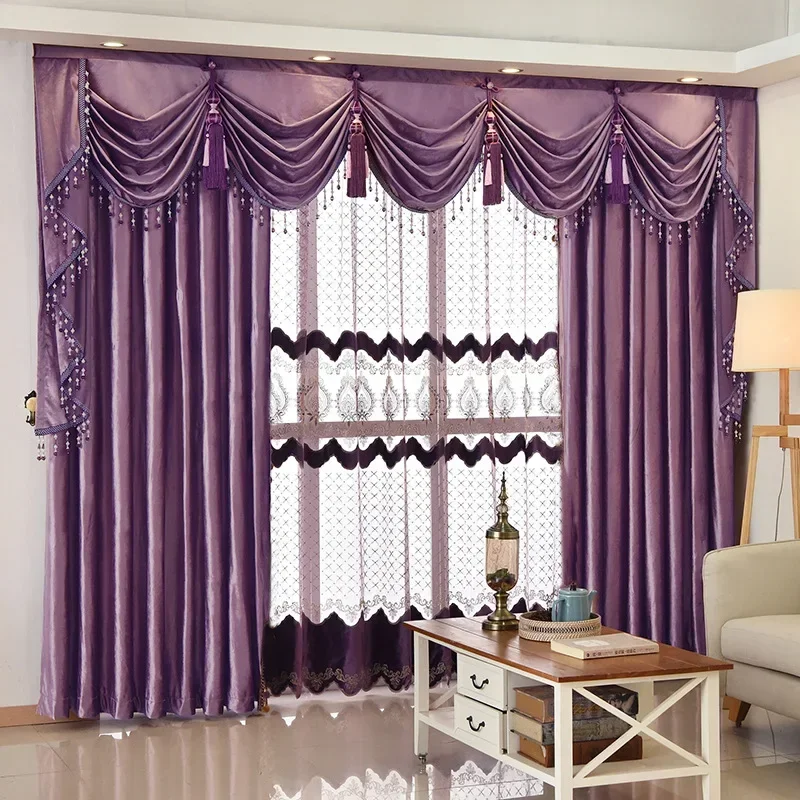 

European Style Luxurious Purple Curtains American Style Matte Velvet Curtains for Living Dining Room Bedroom Customized Size