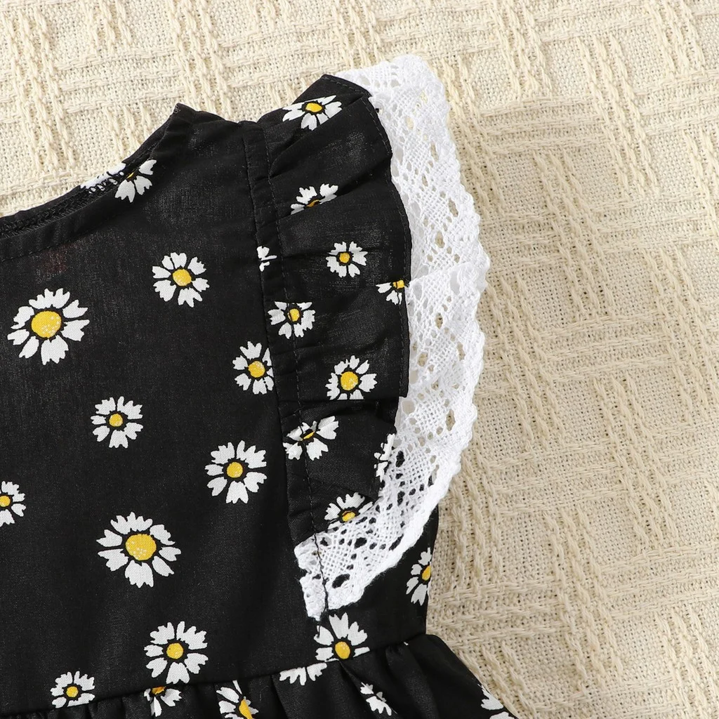 Fashion Baby Girl Daisy Print Dress+Headband Set Black Sleeveless Lace 2PCS Summer Casual Sundress for Toddler Infant Kids 0-18M