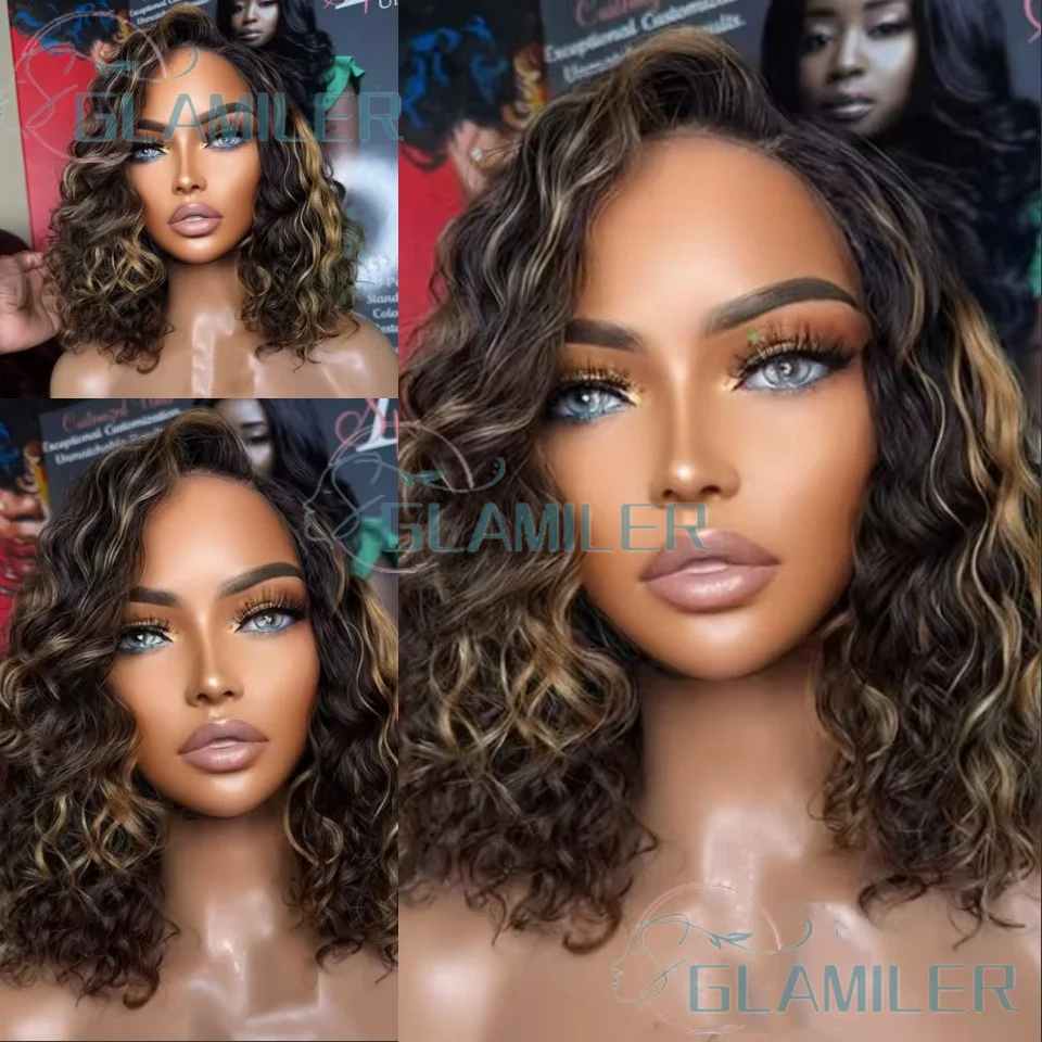

Kinky Curly Highlight Blonde Short Bob Wigs Human Hair 4x4/13x6 Lace Front Wigs Pre Plucked Remy Brazilian 5x5 Silk Top Wigs