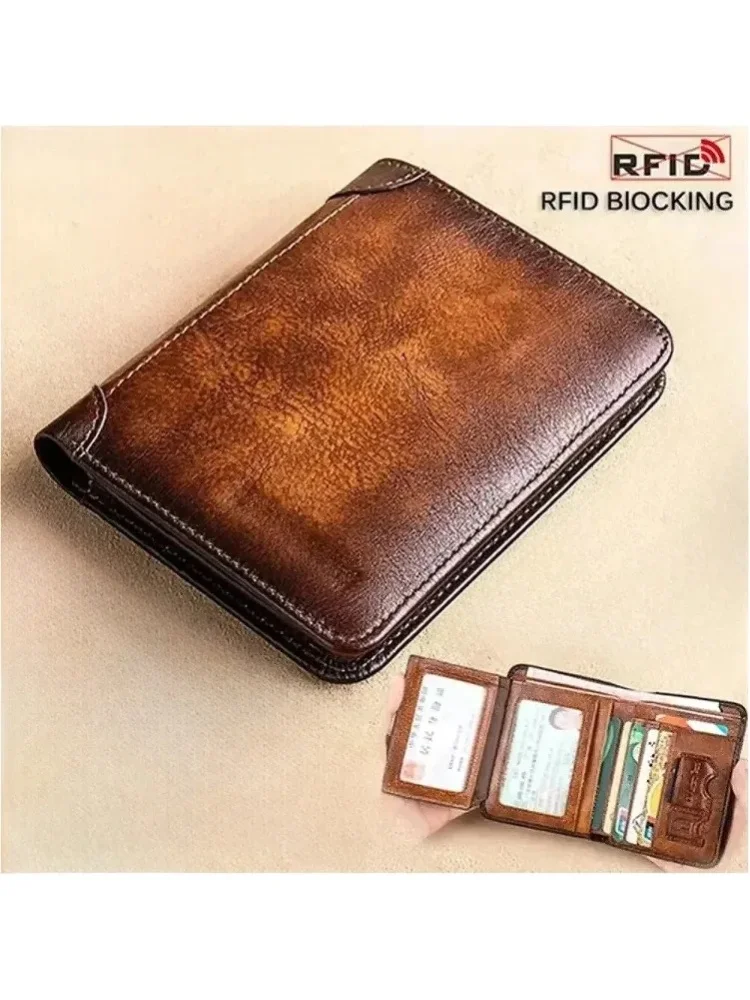 Herren-Geldbörse aus Echtem Leder mit RFID-Blockierung, Vintage Trifold-Design, Dünn, Multifunktional, für Ausweis und Kreditkarten, Männliche Geldbörse