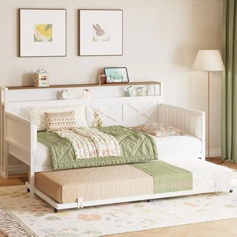 IRONCK Sofá cama con nido, estructura de cama doble de metal resistente con estructura en forma de X, sofá cama tapizado de granja con estación de carga