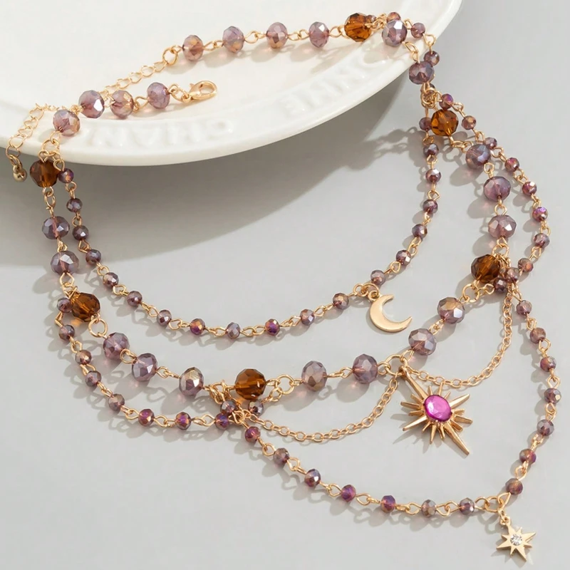 Vintage and Trendy Chain Bead Moon Pendant with Multiple Layers of Necklace, Women's Y2k Personalized Holiday Party Accessories