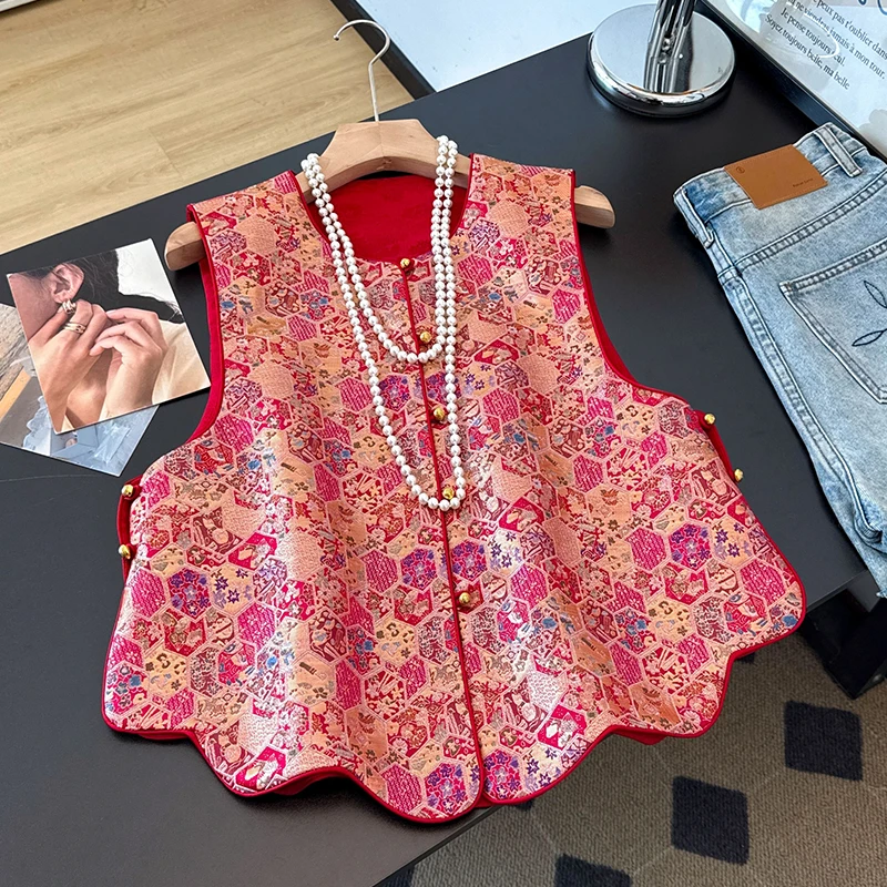 New Chinese Style Autumnal Hanfu round Neck Heavy Embroidery National Style Lace Hem Shoulder Pad Versatile Vest Women's Fashion