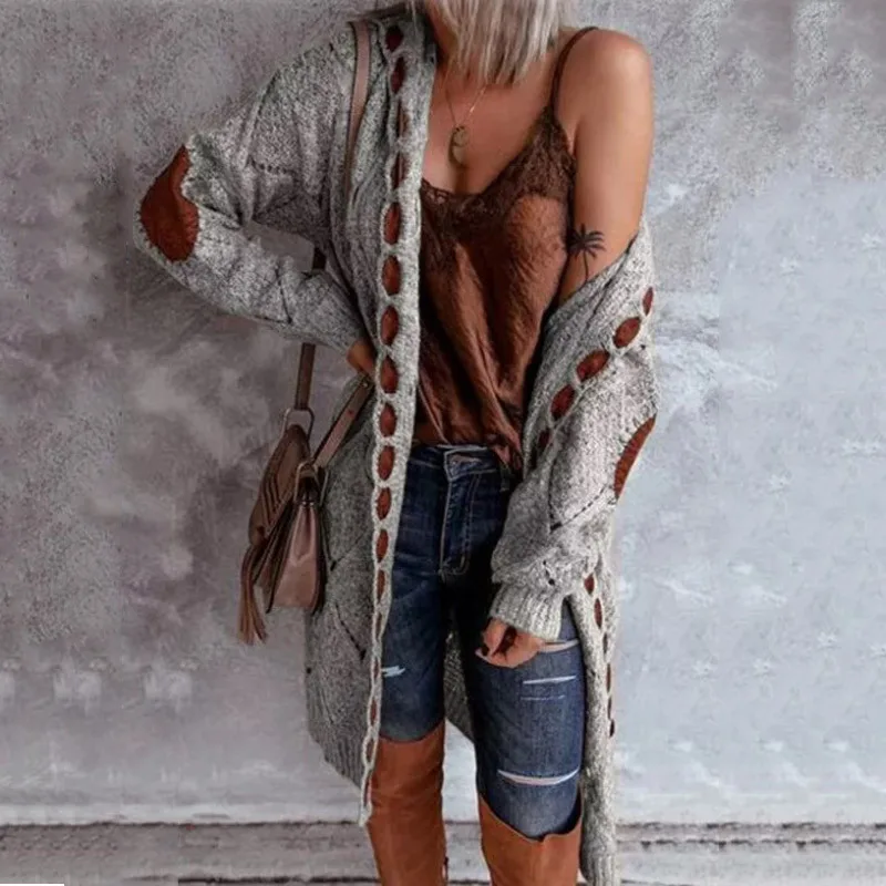 Vintage Women Oversized Hooded Long Cardigan Knitted Sweater Jumper Sweaters Knitted Plaid Casual Brown Coat Jersey Mujer Jacket