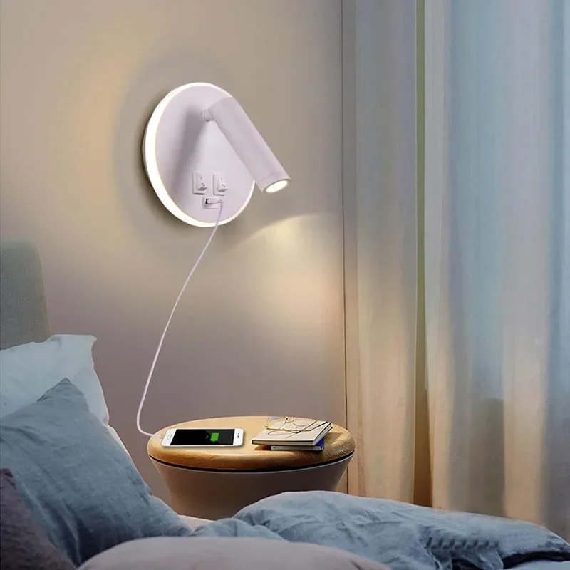 Interruptor de lámpara de pared LED para interiores, luz nocturna de lectura al lado del hogar, decoración de interiores, foco de pared giratorio ajustable con puerto USB