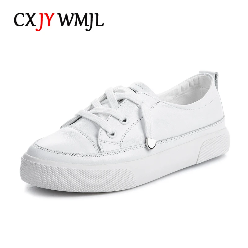 CXJYWMJL Genuine Leather Casual Sneakers for Women Plus Size Vulcanized Shoes Spring Autumn Skate Shoes Ladies Sports White