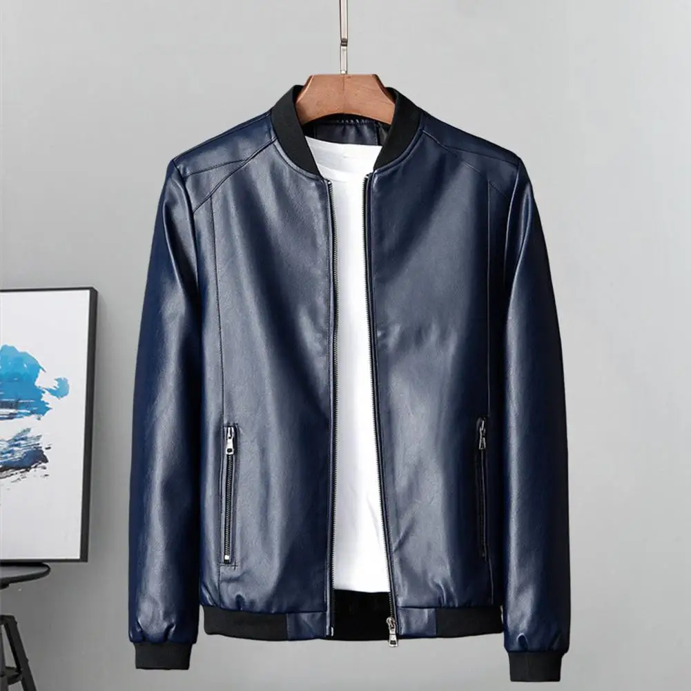 Men Coat Stylish Men\'s Faux Leather Motorcycle Jacket Windproof Stand Collar Zipper Closure Pockets for Fall/winter Soft Men