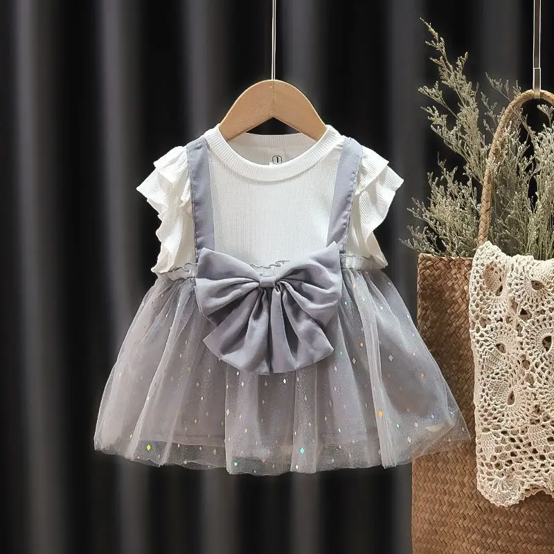 (9 Months -3 Years Old) Summer New Sweet Bow Baby Girl Princess Dress Korean Style Fake Two Children\'S Clothes