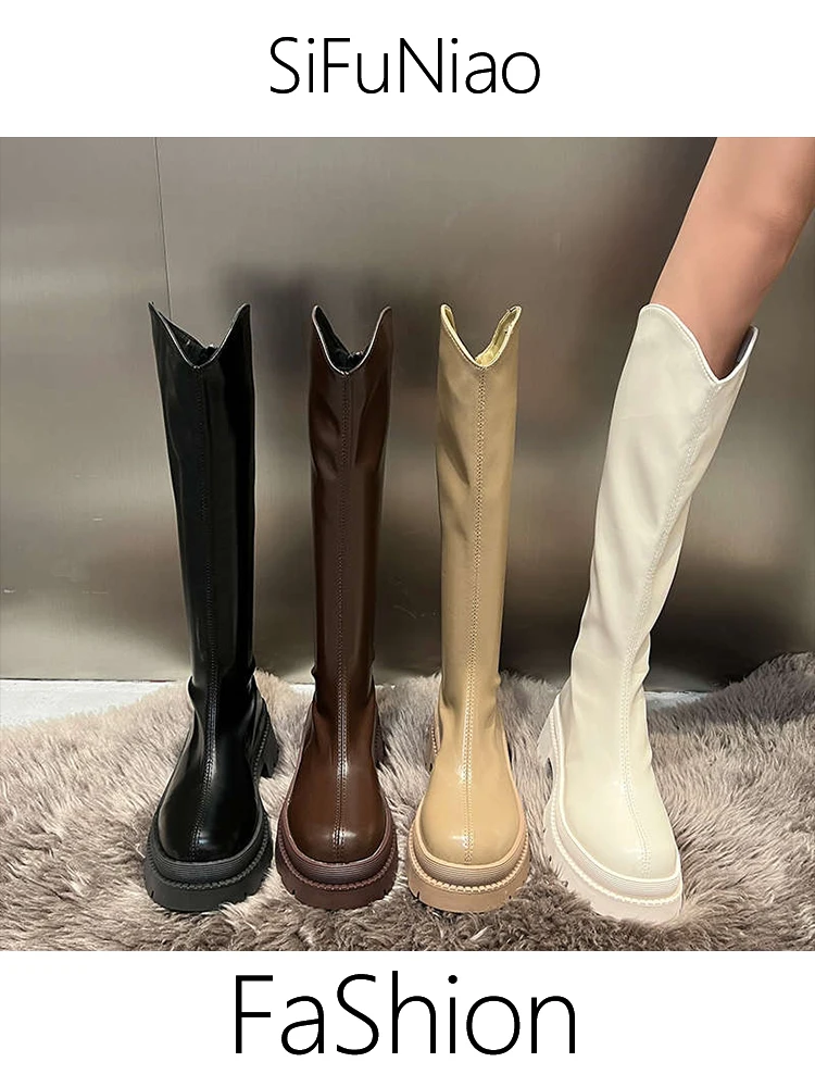 Fashionable Thick Heel Knee High Boots Women's Spring New British Style High Heels Short Tube Zipper Closure Daily Wear