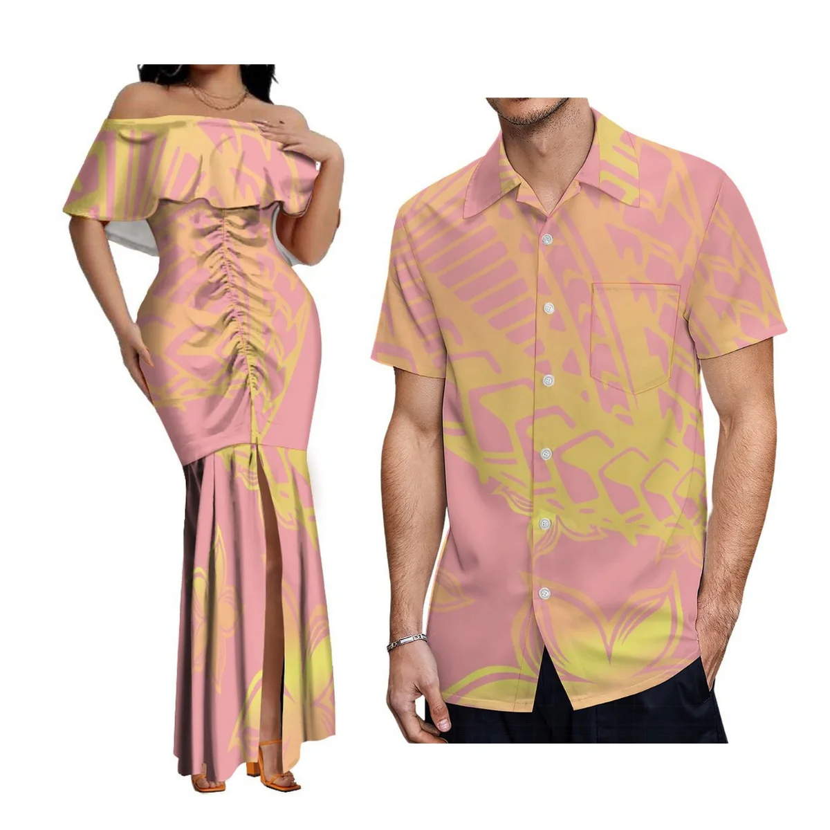 

Women Polynesian Sexy Fishtail Dress Samoa Tribal Style Men Shirt Pink Couple Fashion Match Customized Banquet Gowns