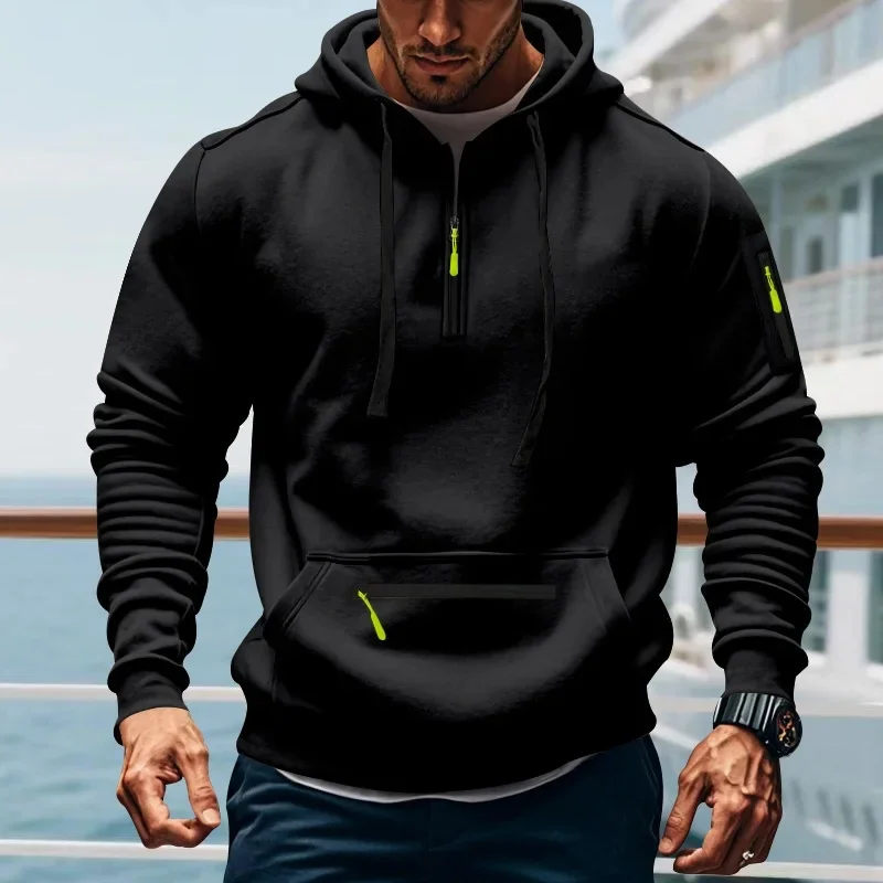Fashion men\'s brand spring Autumn solid color sports hoodie retro Harajuku multi-pocket zipper casual loose long-sleeved pullove