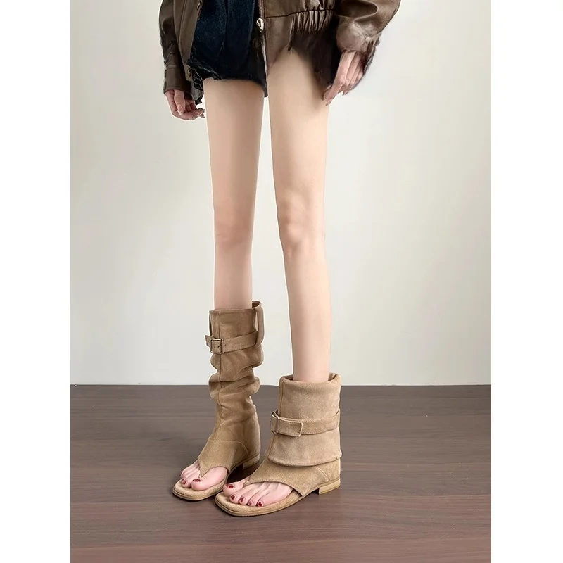 

Кожаные женские сапоги-трансформеры с высокой стелькой, с ремешком, плиссированные, летние, новые, высокие сапоги