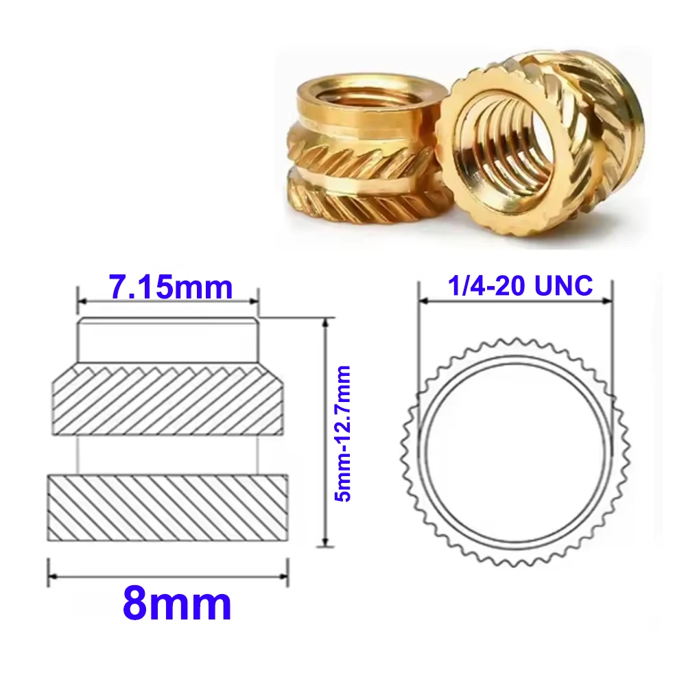 

RUITAIBrass Insert Nuts 1/4-20 UNC Hot Melt Knurled Thread Heat Injection Molding Embedment Copper Nuts For 3D Printer