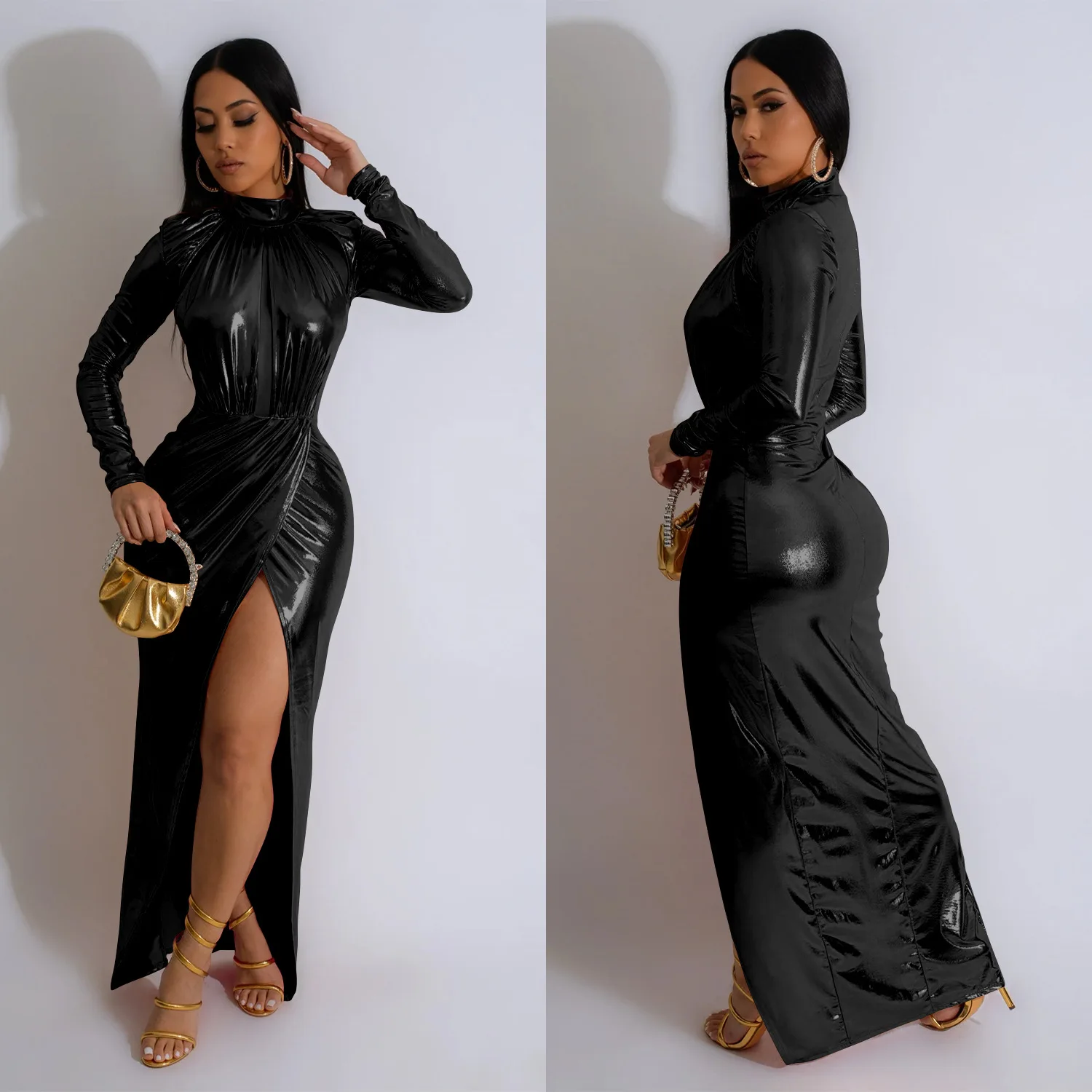 Elegant Women Evening Dress Long Sleeve Solid Gilded Split Bodycon Gown Sexy Fashion Lady Pleated Maxi Dresses