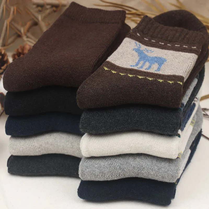 5 Pairs Soft Men Ins Socks Winter Thicken Men's Soild Candy Color Striped Warm Extra Thick Towel Wool Comfortable Causal Sock