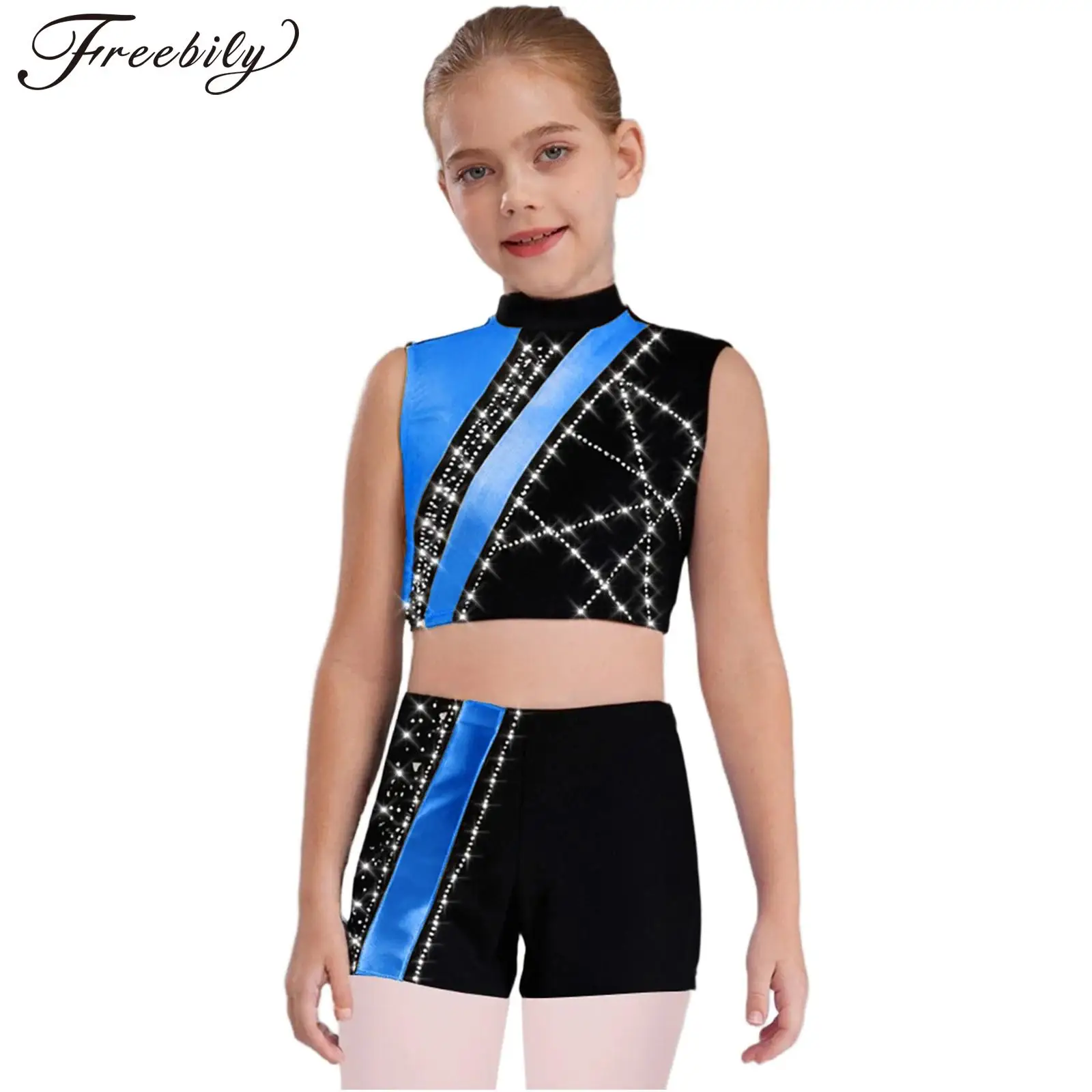 

Детский гимнастический костюм для балета и катания на коньках для девочек, укороченный топ без рукавов с блестящими стразами и шортами, тренировочный костюм для йоги